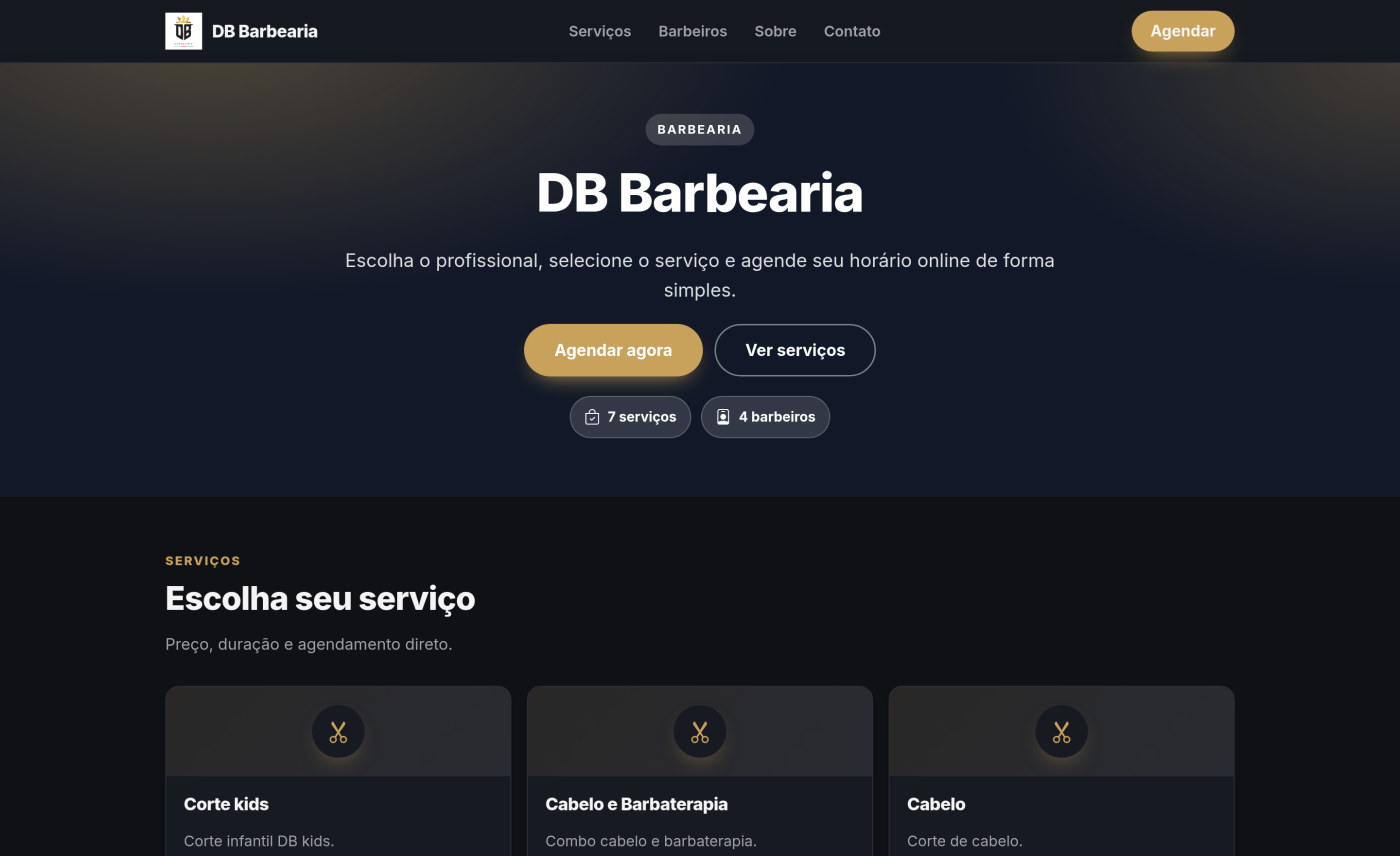 Página pública de um estabelecimento no Nanbook, com identidade visual própria, lista de serviços com preço e botão de agendar